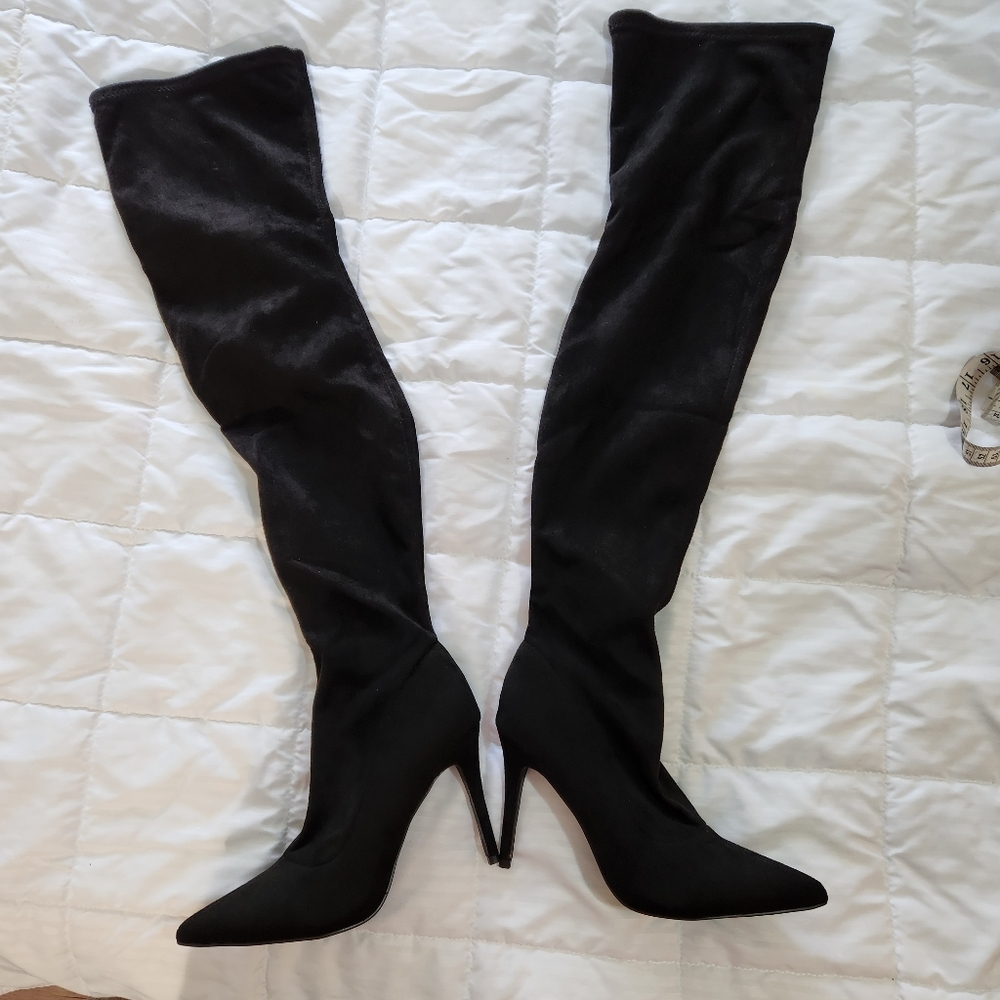 CAMSSOO FAUX SUEDE POINTED TOE SIDE ZIP STILETTO HEEL OVER KNEETHIGH HIGH SIZE10